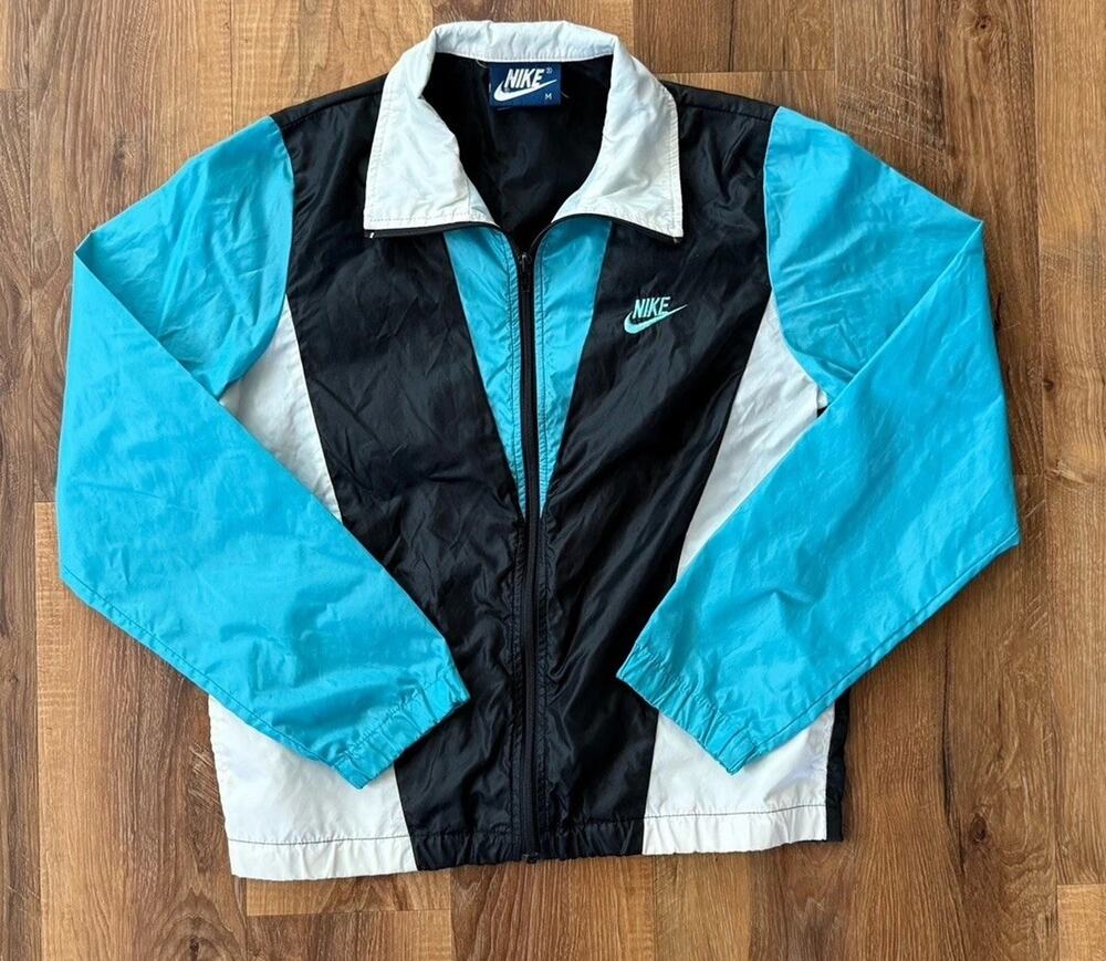 Vintage 80s Nike Windbreaker Black, White, Teal Zip-up, Size Medium GUC